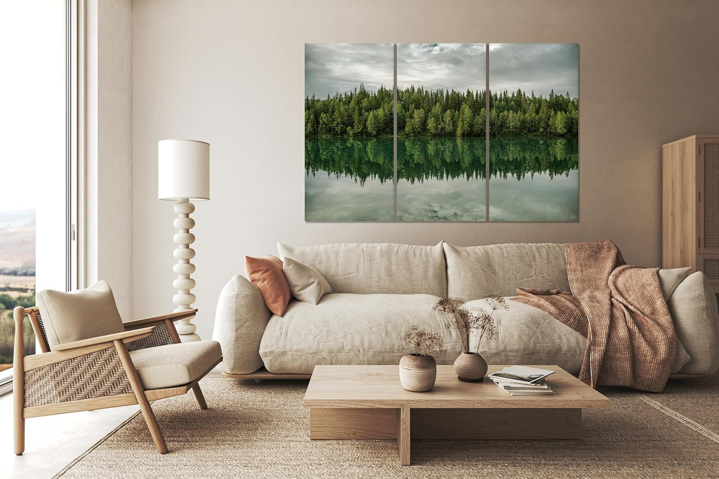 Nature Wall Art Prints - Ocean Forest Mountain Lake Canvas Landscapes - Small to Extra Large Living Room Bedroom Kitchen Bathroom Décor (Forest Reflection, 31L" x 47W" - 3 Panels)