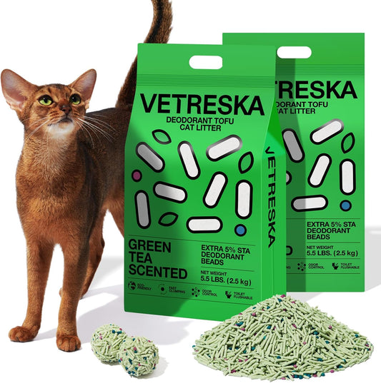VETRESKA Tofu Cat Litter,Natural Kitty Litter Strong Clumping Flushable Cat Litter Pellets Ultra Absorbent,Odor Control,Dust-Free,Low Tracking Eco-Friendly Tofu Litter,Greentea(5.5lb×2bags)
