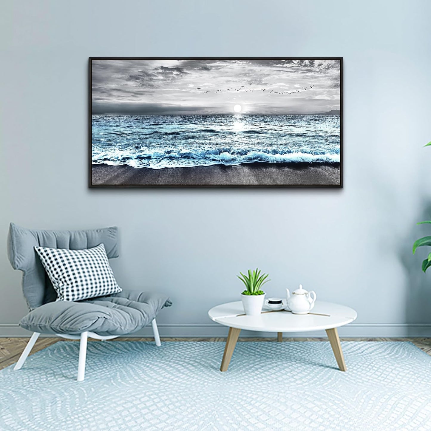 Wapluam Large Wall Art For Living Room Wall Decor For Bedroom Office Wall Decorations Black And White Wall Painting Blue Sea Wave Pictures Artwork For Modern Black Framed Beach Canvas Prints Poster