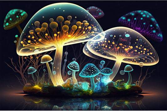 Mushroom Aquarium Background Abstract Glowing Fantasy Mushrooms Terrarium Background Mysterious Forest Magical Night In Circle Shape Crystal Glass Fish Tank Backdrop Decorations Vinyl 36x24in