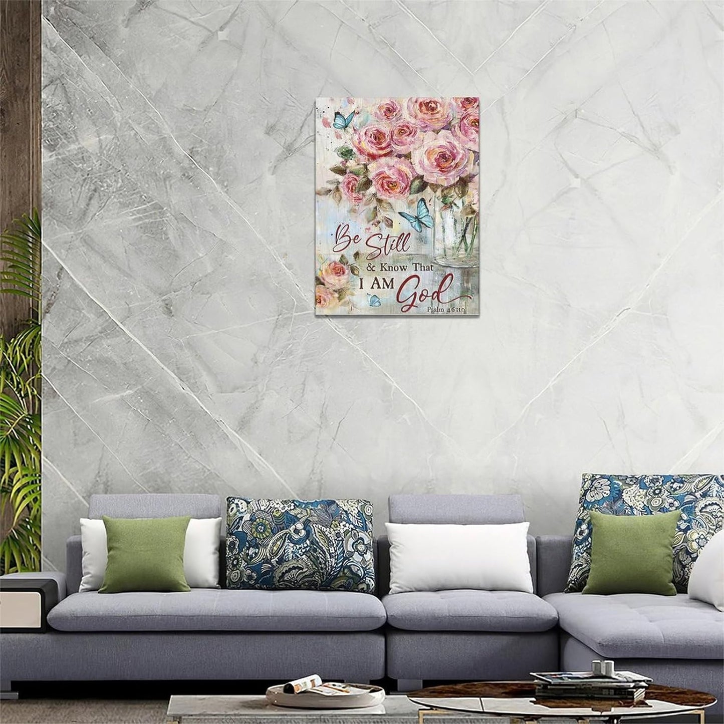 Farmhouse Rose Wall Art Christian Scripture Pictures Pink Rose Wall Decor Rustic Floral Butterfly Canvas Print Painting Artwork for Bathroom Living Room Bedroom 12"x16"