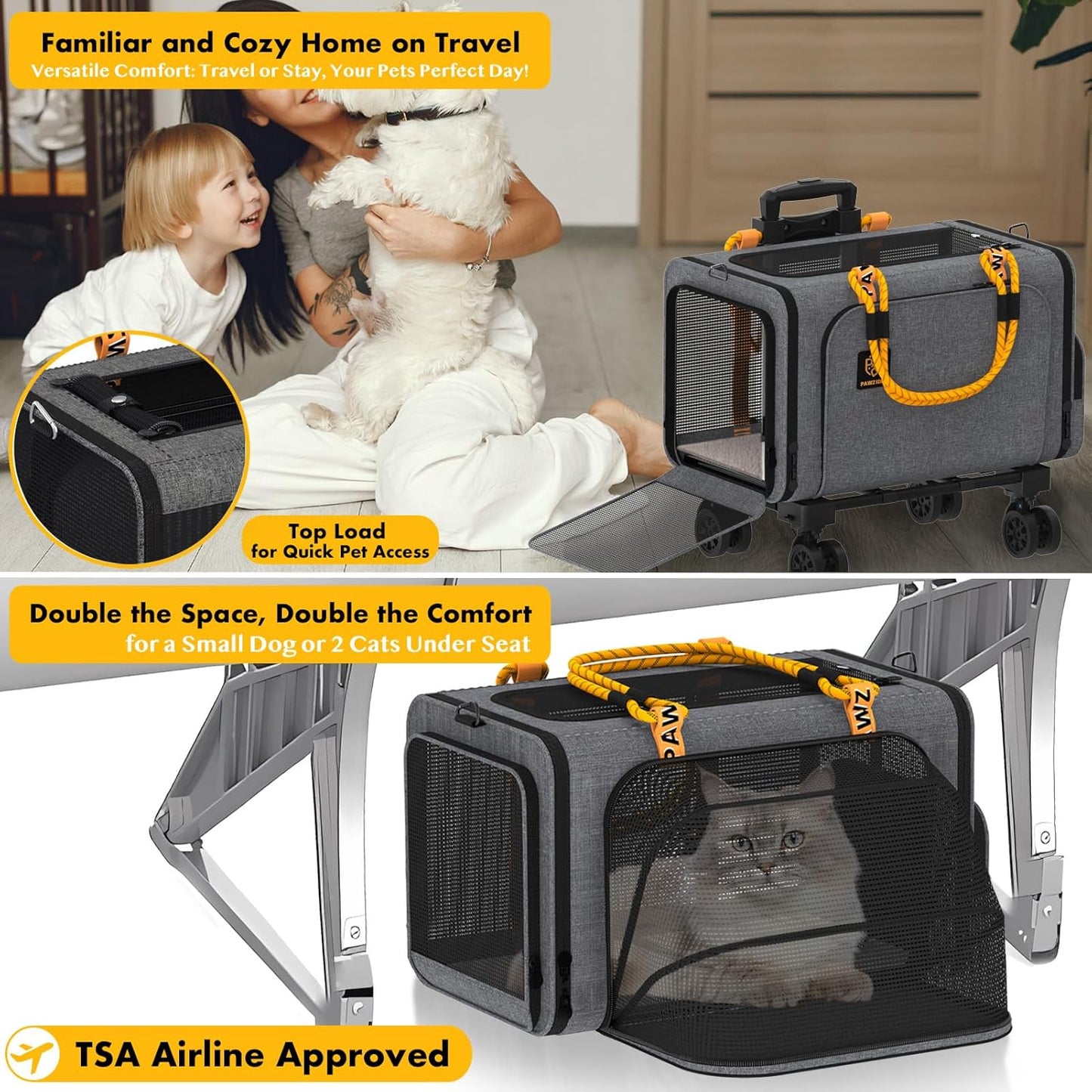 PAWZIDEA Pet Carrier with Wheels, 18x11x11 TSA Airline Approved Cat Carrier for 2 Cats Under Seat, Expandable Soft-Sided Dog Carrier for Small Dogs Rolling Travel Bag with Telescopic Handle, ID Card
