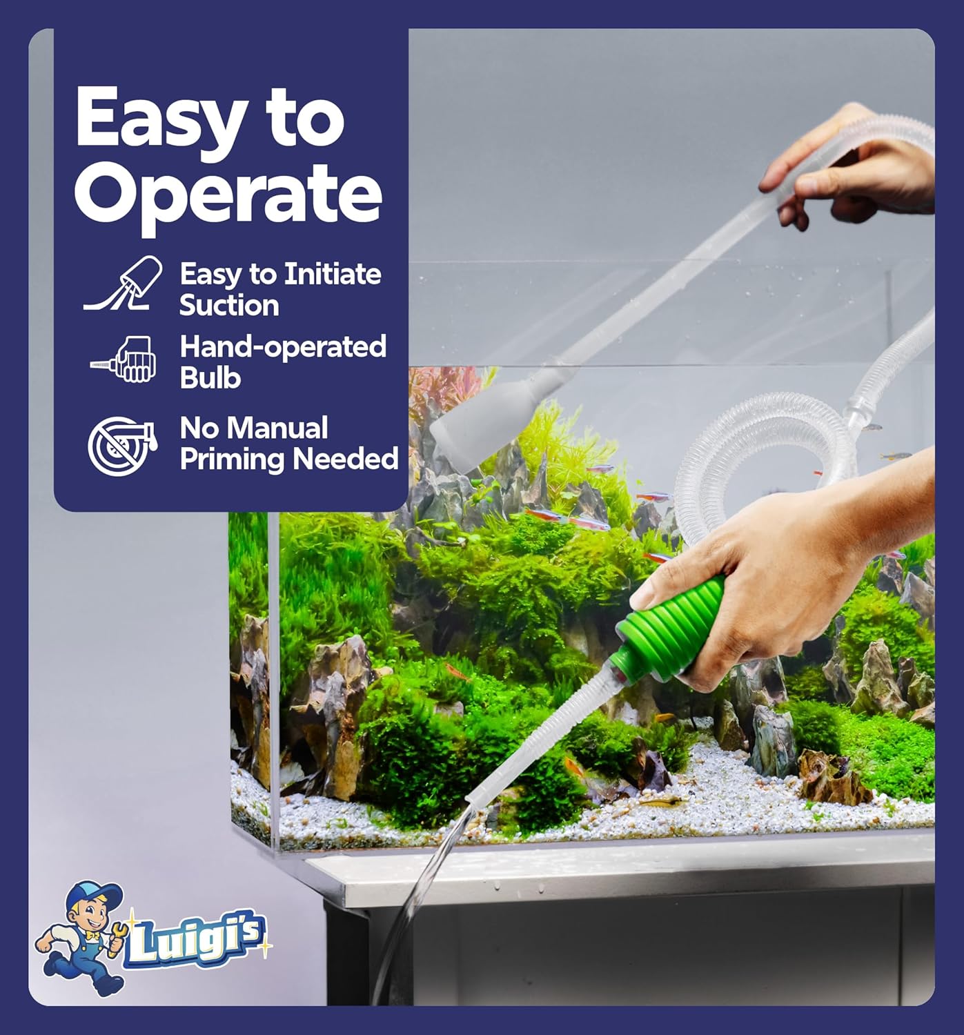 Luigi's Fish Tank Cleaner - Turtle Tank Accessories - Gravel Vacuum for Aquarium - Hand Siphon Hose to Remove and Change Water or Sand in Minutes - Aquarium Cleaning Tools