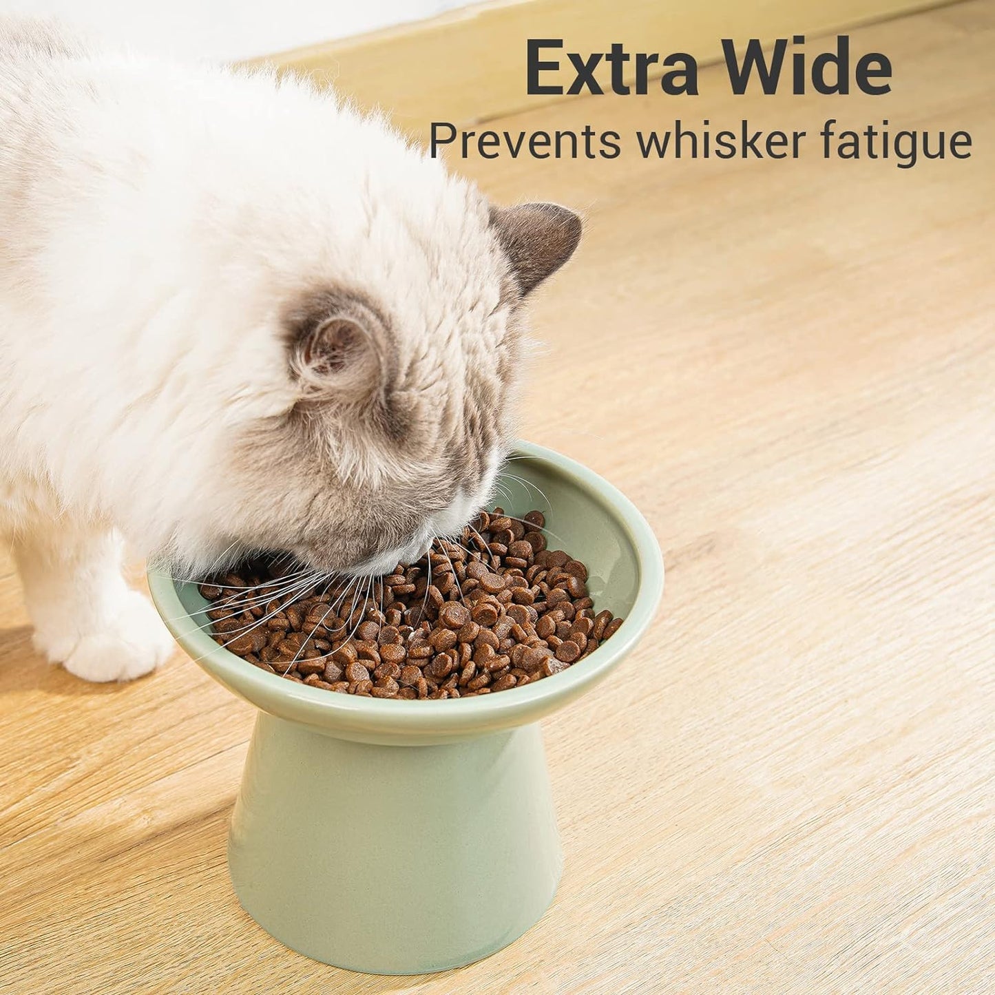 Extra Wide Elevated Ceramic Cat Food Bowl - 6.2" Shallow Dish for Whisker Fatigue Relief, 5" Height for Easy Feeding, Lead & Cadmium Free, Durable Raised Cat Food Bowls, Sage Green