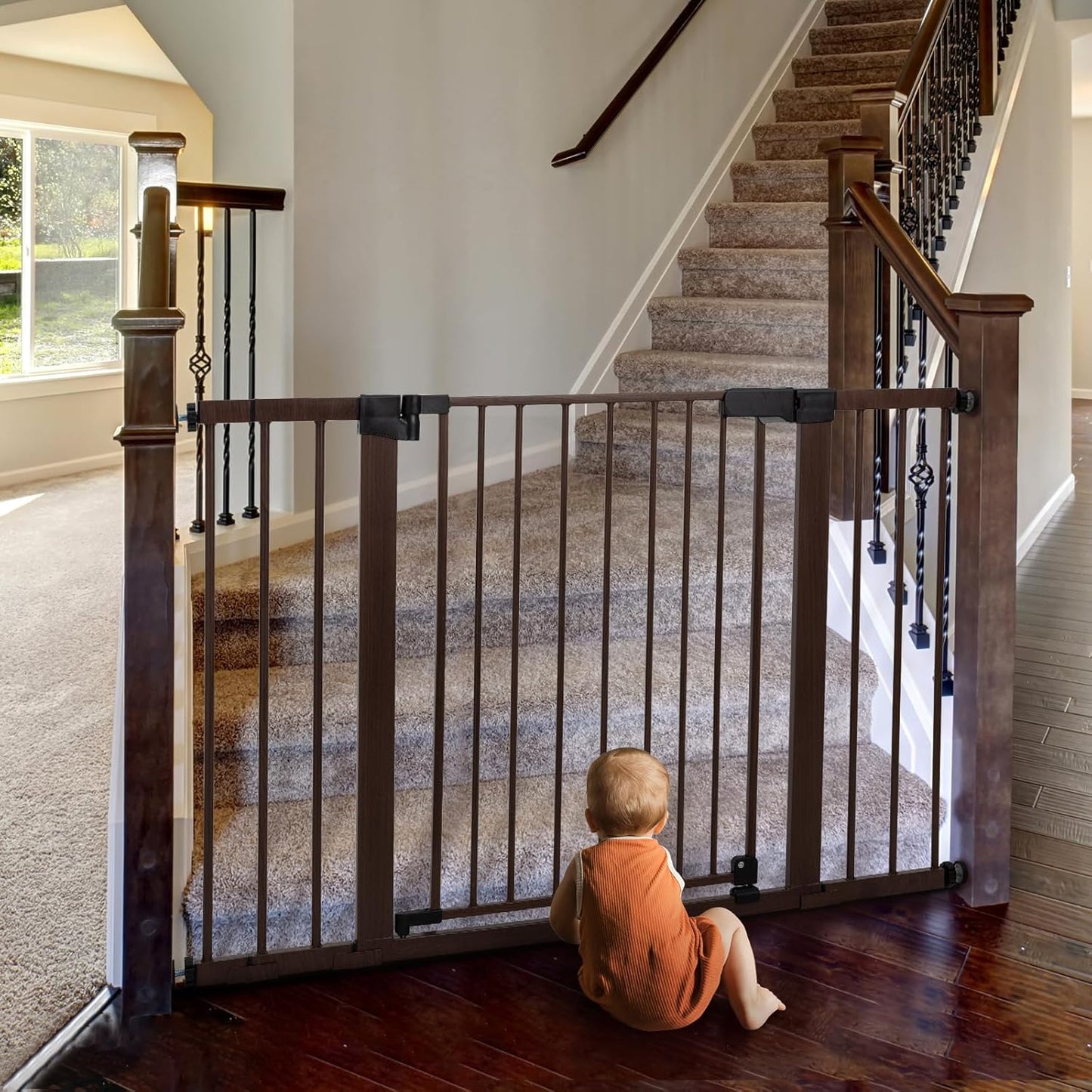 BABELIO Baby Gate with Black Wood Pattern, 29-48 Inch Auto Close Dog Gate for The House, Stairs and Doorways, Pressure Mounted Pet Gate with Door and Y Spindle Rods
