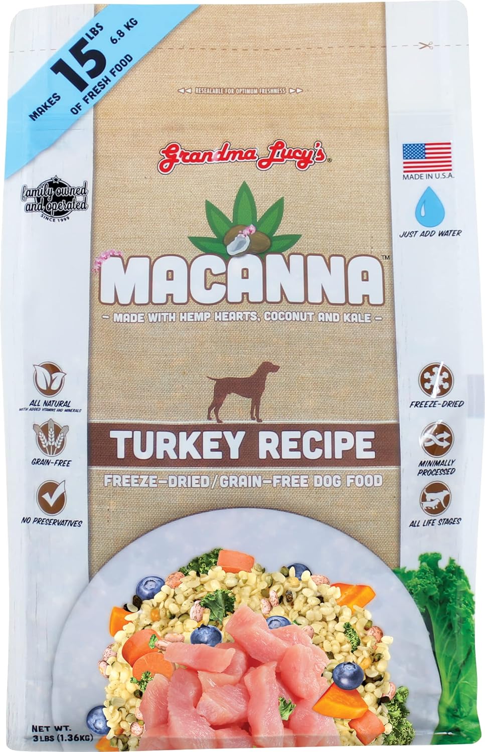 Macanna Grandma Lucy's Grain-Free Turkey Freeze-Dried Dog Food 3 Lbs., Brown