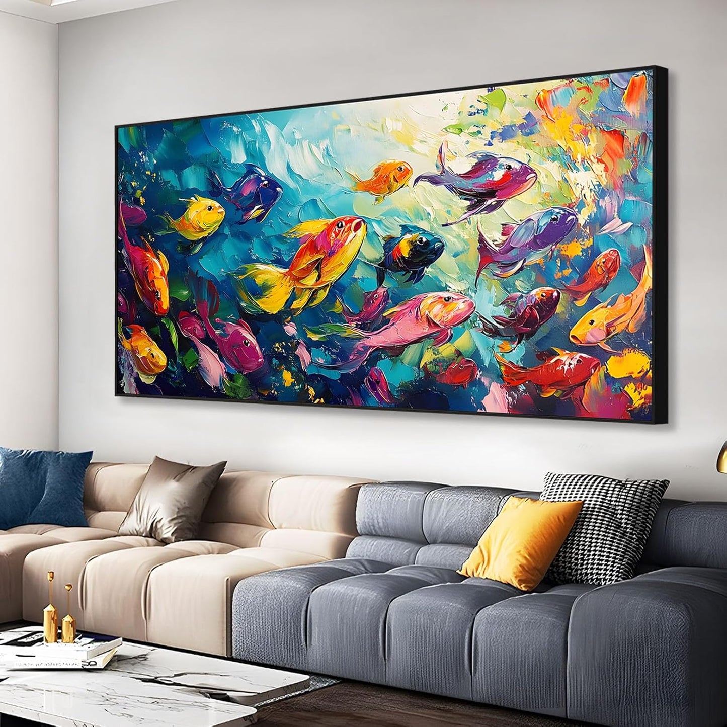 School of Fish Printed Canvas Wall Art – Framed Abstract Ocean Print – Vibrant Fish Wall Decor for Living Room, Bedroom, Office (Black Framed, 24"x12"|60x30cm)