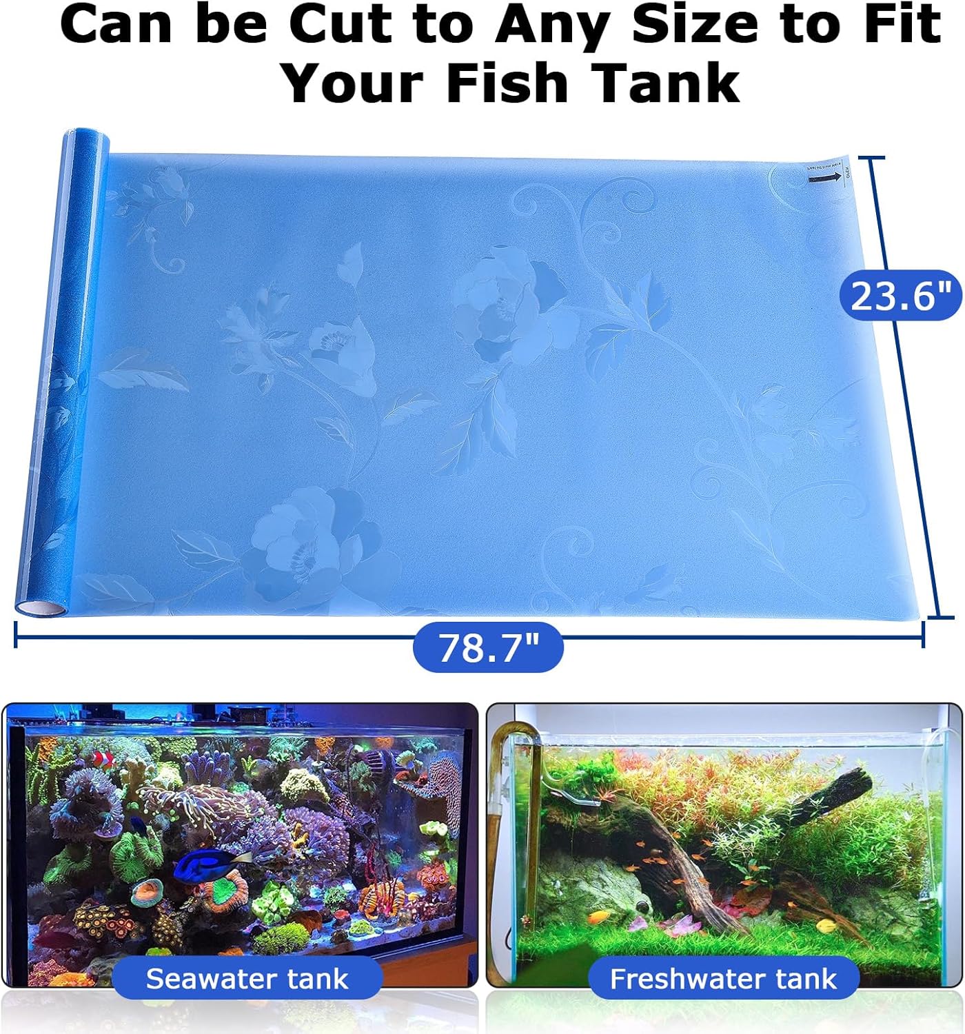 Aquarium Background Paper, Blue Fish Tank Backdrop Wallpaper Electrostatic Adhesive, No Glue, Easy to Install, Reusable (23.6" H × 78.7" L, Translucent)
