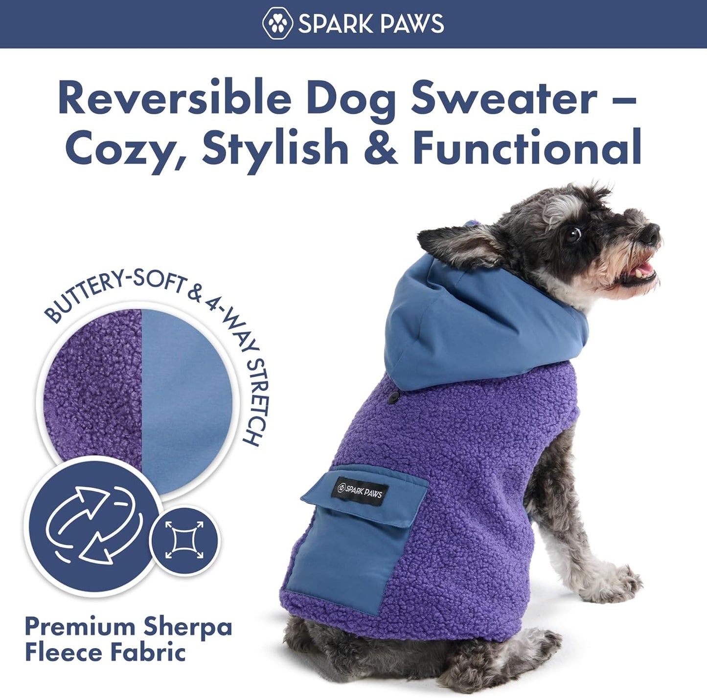 Spark Paws Reversible Dog Sweater, Sherpa Jacket Vest with Warm Fleece Lining, Warm Coat for Winter, Suitable for Small Medium, Large, XL XXL Dogs - Purple and Navy Blue - XL