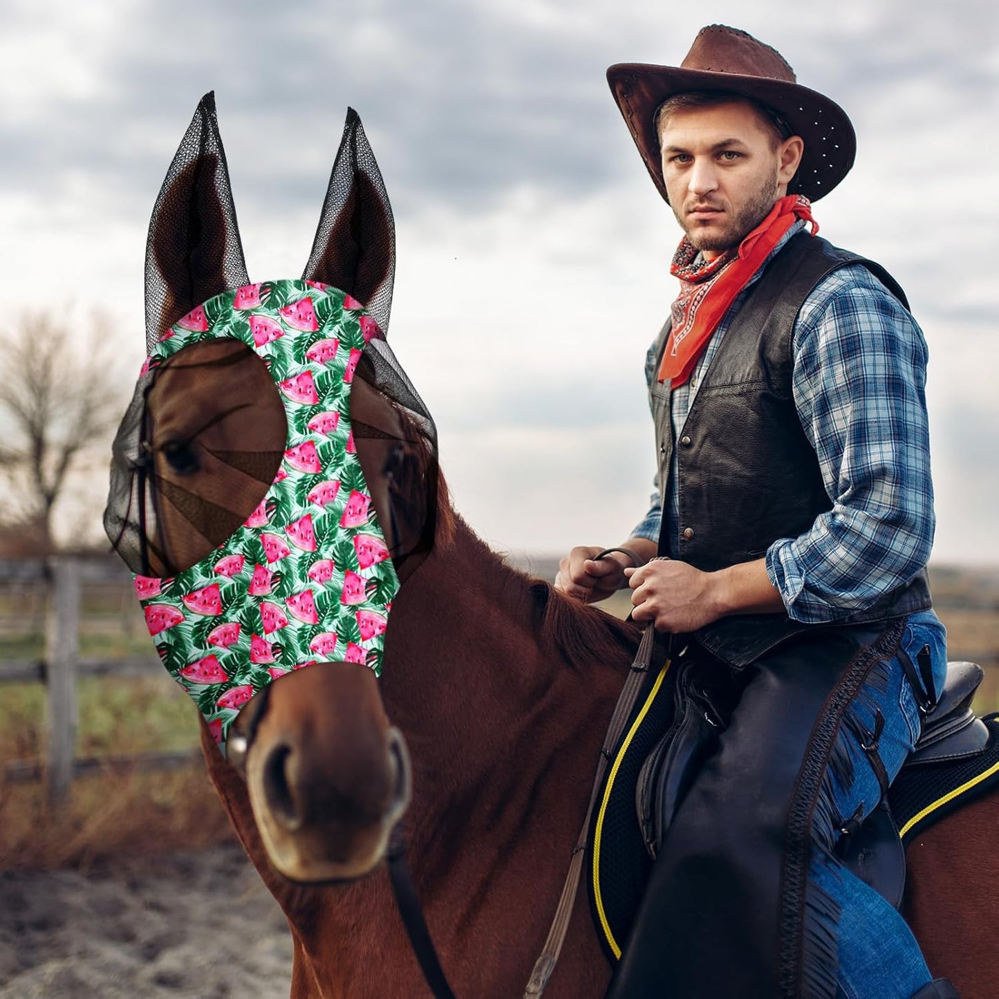 Frienda 4 Pieces Horse Fly Masks with Ears Face Covering UV Protection from Insect Pests Elasticity Smooth Comfortable Mesh Horse Mask Accessories(Fruit,Large)