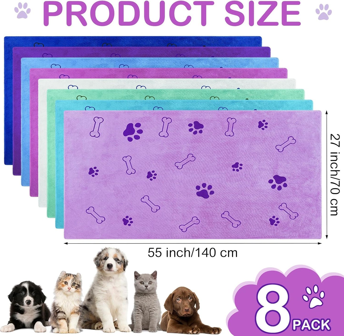 Chumia 8 Pcs Dog Towels for Drying Dogs Cats Pet Towels Bulk Puppy Microfiber Quick Drying Paw Bath Bathing Supplies Absorbent for Medium Pets(Classic Color,55 x 28 Inch)