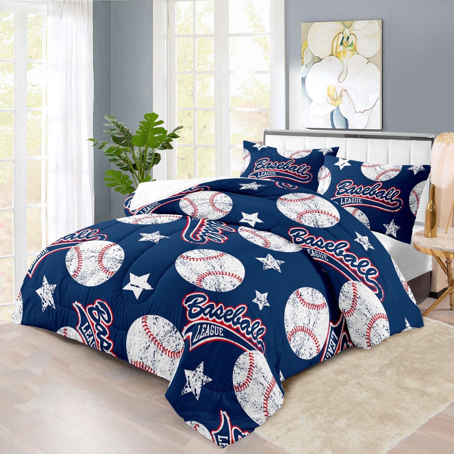 Baseball Comforter Set Full,Sports Bedding Sets for Boys,Blue Sports Comforter Full Bedroom Decor,Baseball Bedding Teen for All Seasons,Blue Quilt Kids Bedroom Decor