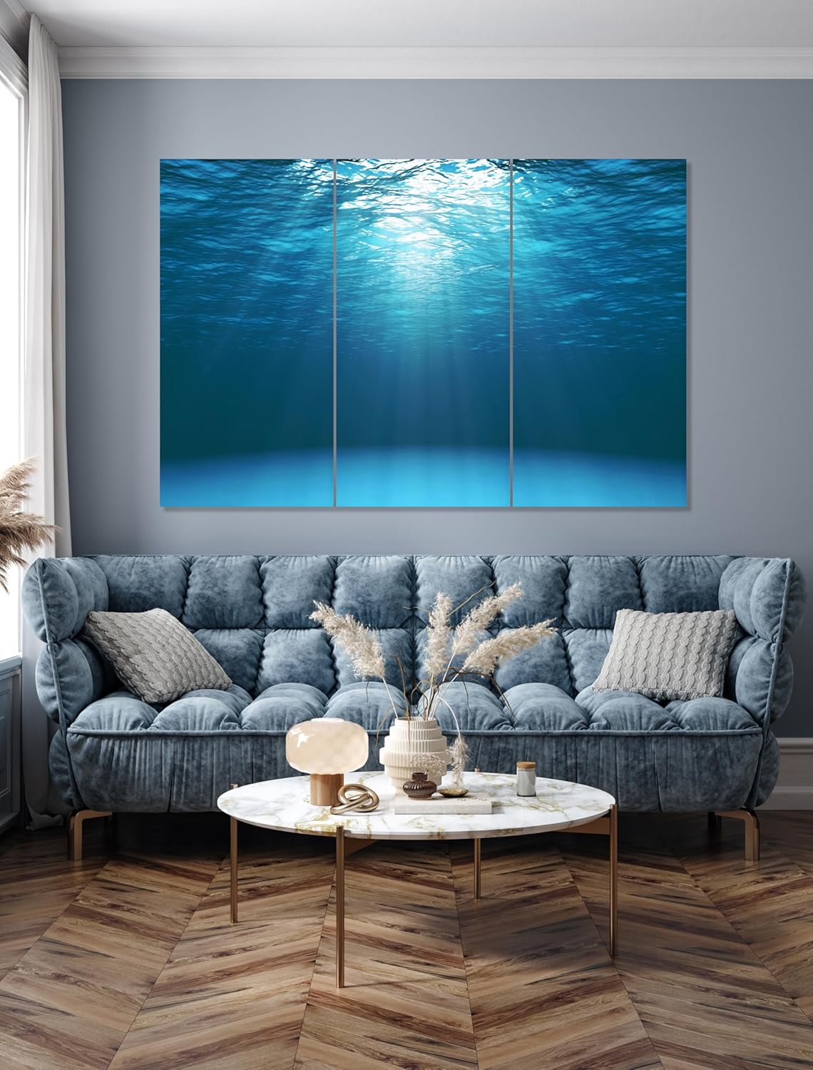 Nature Wall Art Prints - Ocean Forest Mountain Lake Canvas Landscapes - Small to Extra Large Living Room Bedroom Kitchen Bathroom Décor (Sun Rays Under Water, 35L" x 53W" - 3 Panels)
