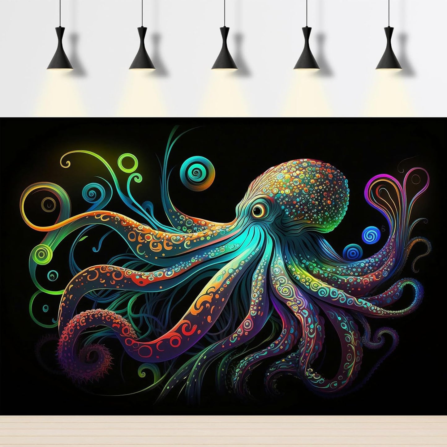 Octopus Aquarium Background Exquisite Colorful Octopus Terrarium Background Glowing Octopus on Black Background Fish Tank Backdrop Octopus Backdrops Poster Wallpaper Decorations Vinyl 36x24in