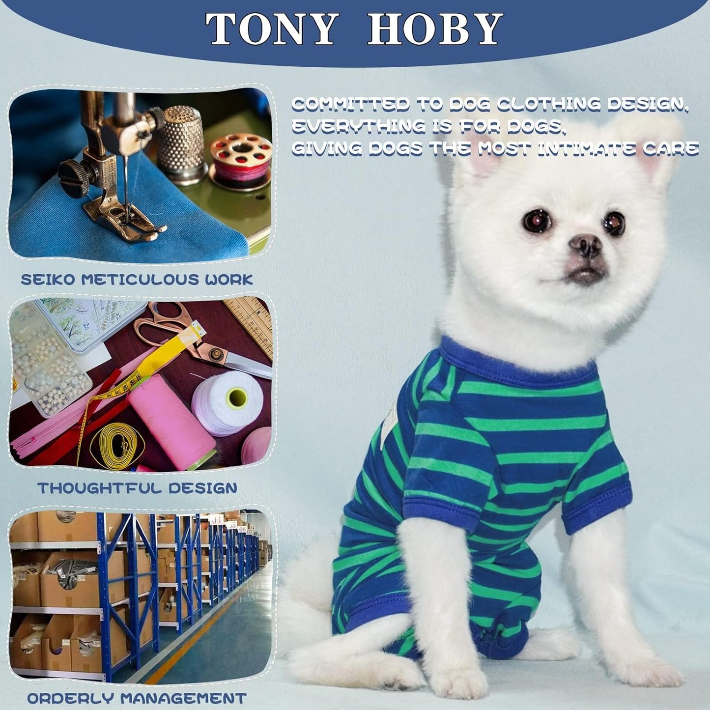 TONY HOBY Dog Pajamas for Medium Small Dogs, Dog Jumpsuit with Stripes 4 Legged Pajamas, Soft Dogs Pet Clothes (Blue&Green, Girl, S)