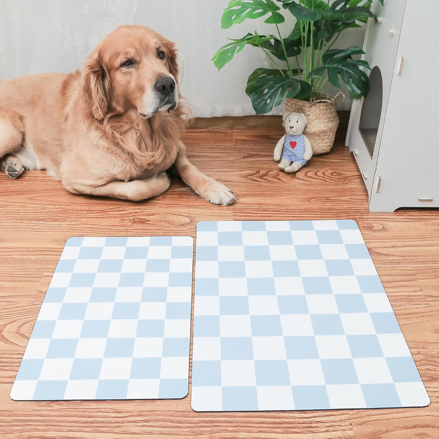 Ralxion Checkered Dog Feeding Mat, Absorbent Mats for Dog Food and Water Bowl, Dispenser, Retro Aesthetic Light Blue Checkerboard Pet Placemat for Dogs, Cats, Puppy Accessories, 16" X 24”