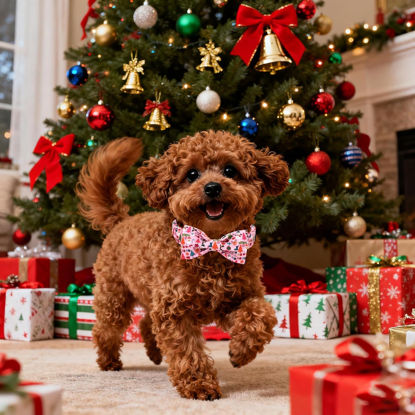 Lionet Paws Christmas Dog Collar with Bow tie,Cute Ho Christmas Tree Snowman Pink Dog Collar Bow Tie for Dogs and Cats Female, XS, Neck 8-12 inches