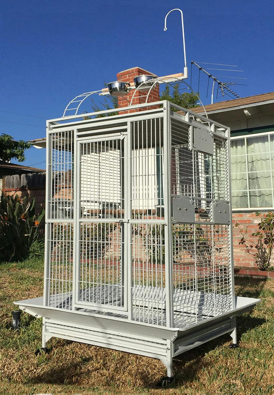 Extra Large Double Ladders Open Play Top Wrought Iron Bird Parrot Parttot Finch Macaw Cockatoo Cage, Include Seed Guard and Toy Hook (32" x 23" x 66"H White Vein)