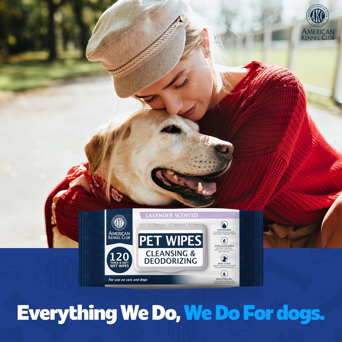 AKC Pet Wipes for Dogs & Cats – Hypoallergenic, Alcohol-Free Wipes for Paws, Face, Ears & Coat – Thick, Gentle Cleaning with Natural Aloe – Available in Lavender, Fresh & Oatmeal Scents
