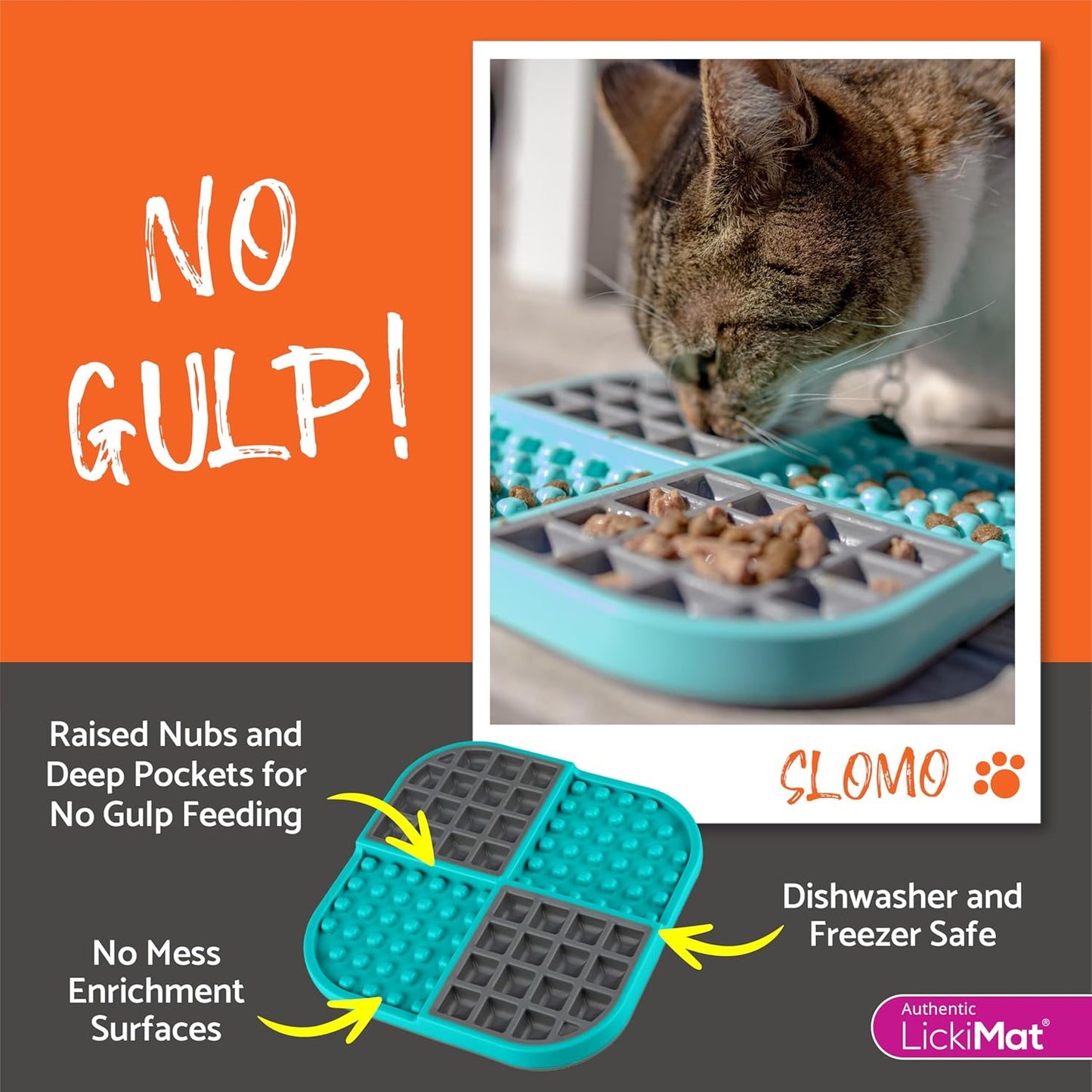 LickiMat Slomo, Cat Slow Feeder Lick Mat, Boredom Anxiety Reducer; Perfect for Food, Treats, Yogurt, or Peanut Butter. Fun Alternative to a Slow Feed Cat Bowl or Dish, Orange