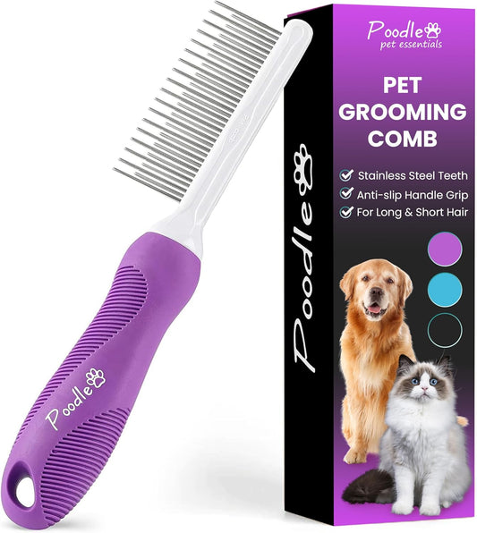 Poodle Pet Detangling Pet Comb with Long & Short Stainless Steel Teeth for Removing Matted Fur, Knots & Tangles – Detangler Tool Accessories for Safe & Gentle DIY Dog & Cat Grooming