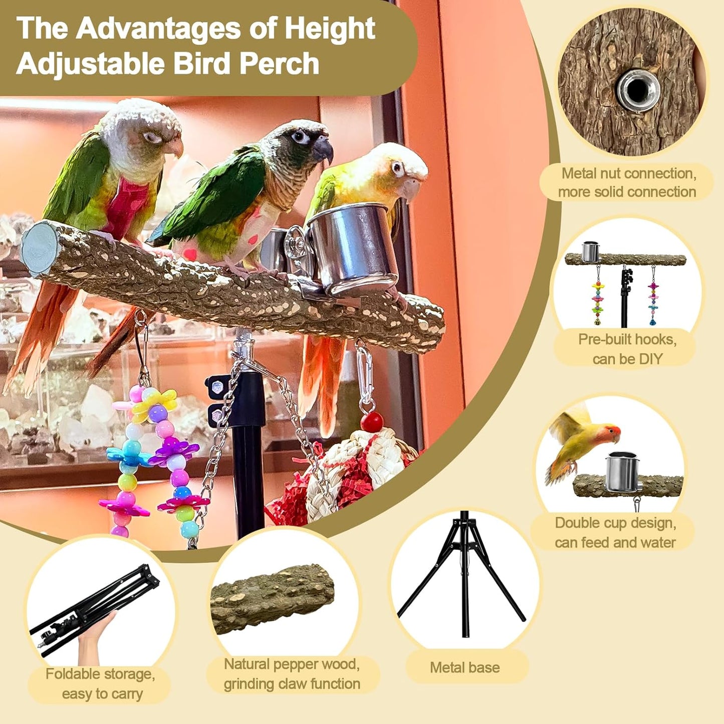 16-63 Inch Height Adjustable Bird Perch Pepper Wood Parrot Training Perch Stand with Feeding Cups and Swing Toy Parakeet Perches Indoor and Outdoor Parrot Stands for Small to Medium Bird