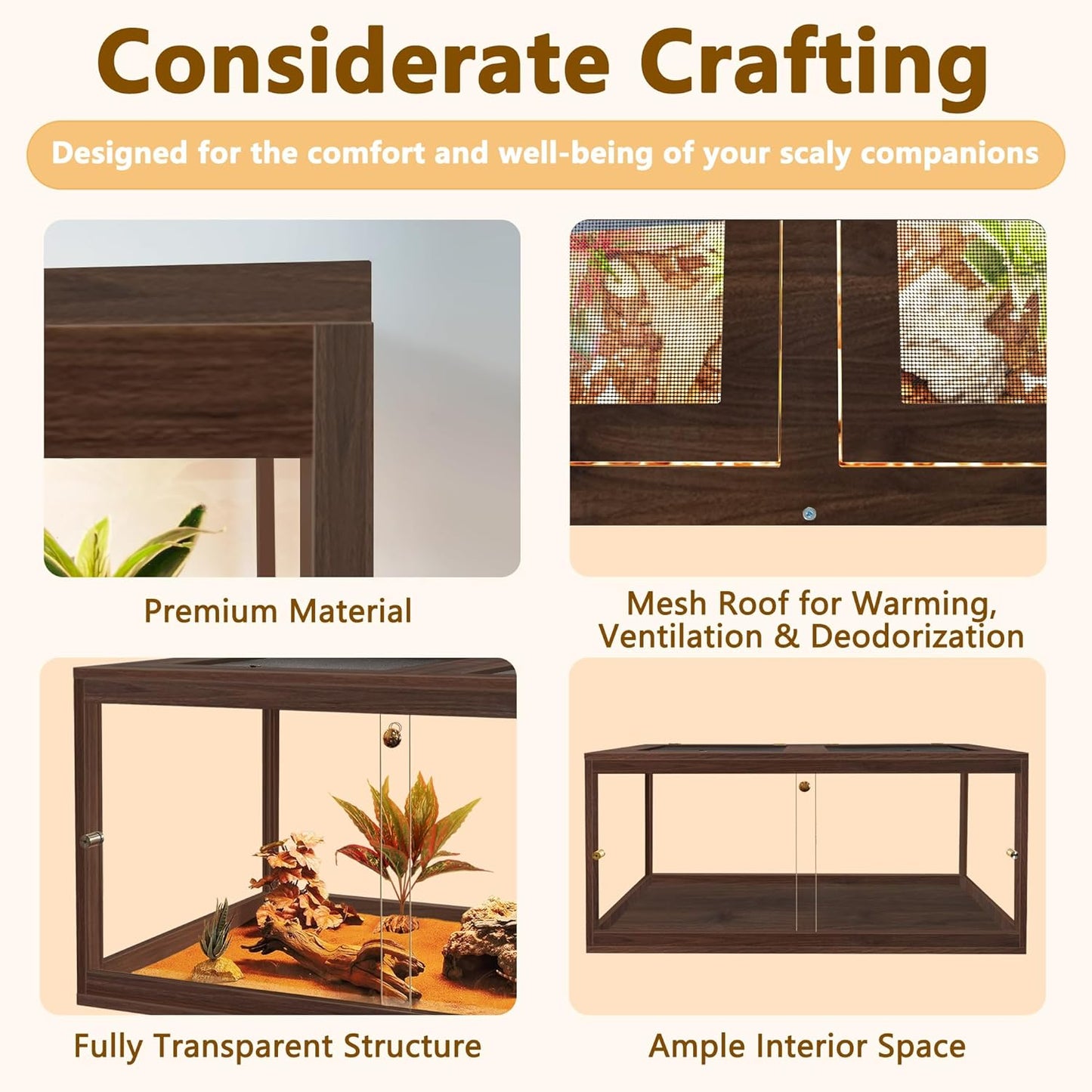 PROLEE Bearded Dragon Tank,81 Gallon Reptile Tank with Meatl Mesh Roof and Front Sliding Door, Anti-Scratch Lizard Tank,Spacious Reptile Enclosure for Snakes,Lguanas, Chameleons(Walnut)