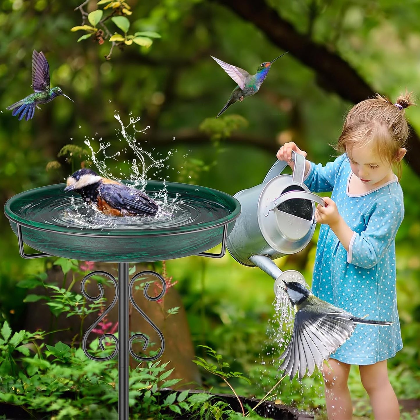 Metal Bird Bath for Outside,Bird Baths Feeder Bowl with 5 Prongs Base Stake,Freestanding BirdBaths for Outdoors Garden Patio Yard Lawn Decor (Vintage Green)