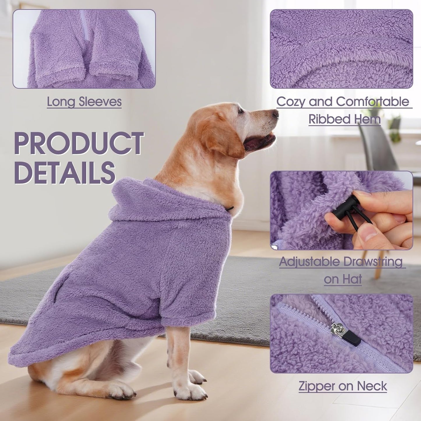 IDOMIK Fuzzy Dog Sweater with Adjustable Hood, Warm Fleece Dog Sweater Hoodie with Harness Hole & Pocket, Pullover Sweaters for Medium Dogs, Fuzzy Hooded Sweatshirt for Fall Winter Christmas,Purple,L