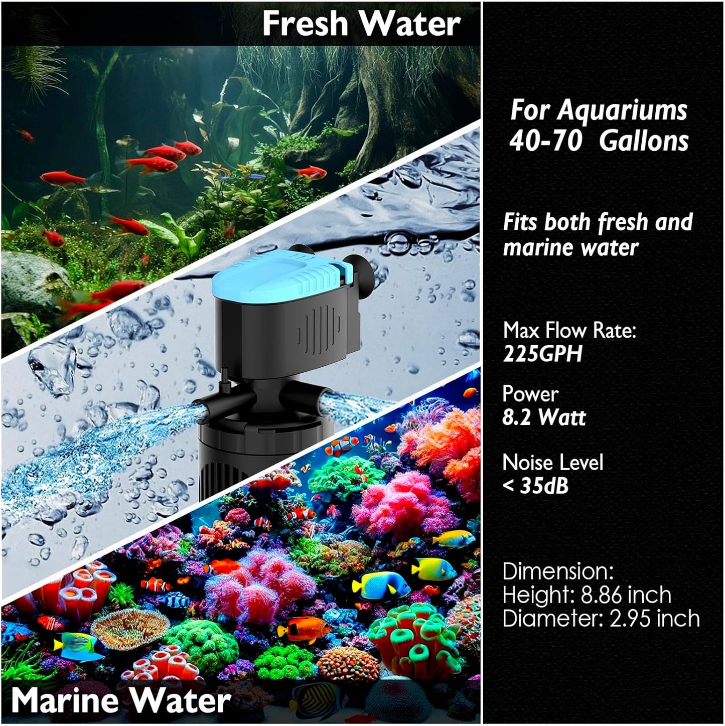 AquaMiracle Submersible Aquarium Filter 3-Stage in-Tank Filter with Dual Water Outlet & Aeration, Water Flow Adjustable 225GPH Internal Fish Tank Filter for 20-70 Gallon Aquariums