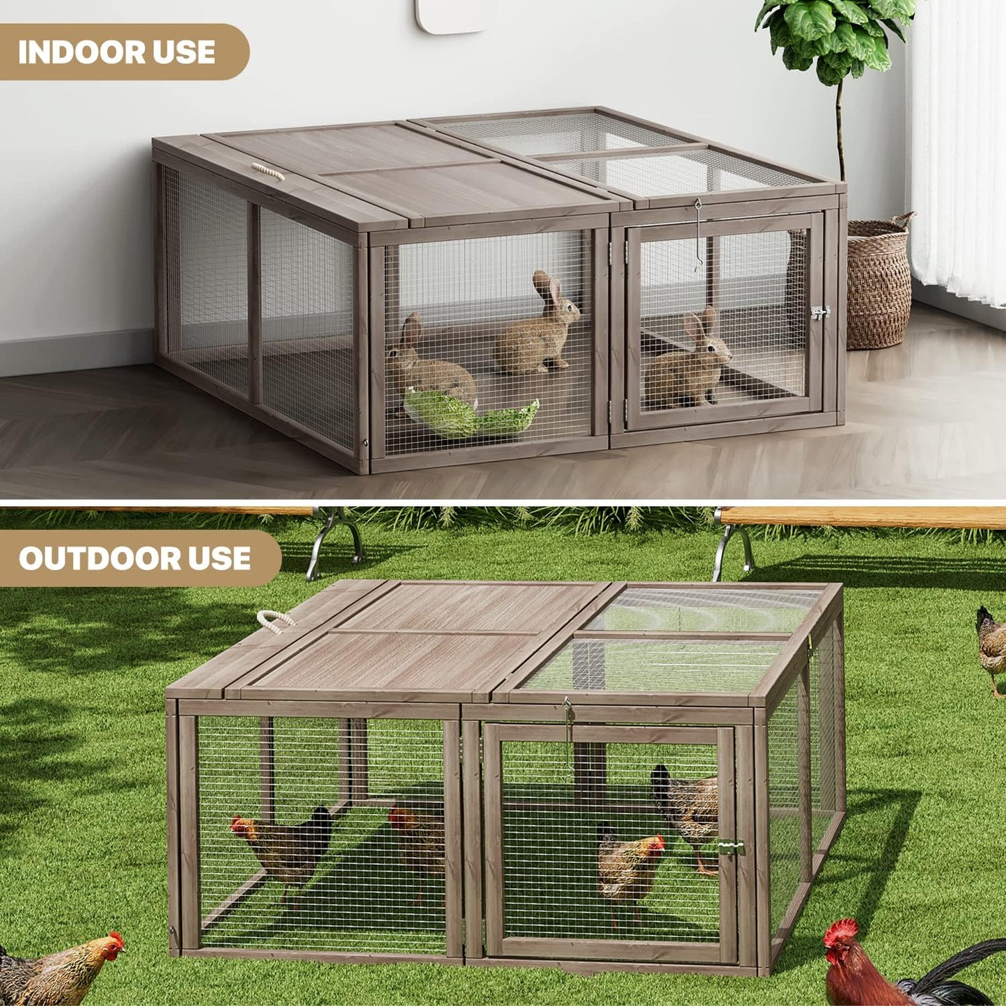 MoNiBloom Foldable Chicken Run Wood Chicken Coop Rabbit Hutch No Assembly Required Indoor/Outdoor Small Animal Nesting Box Portable Habitat Enclosure Spacious Pet Playpen 45.5 x 42.5 x 20 inch Grey