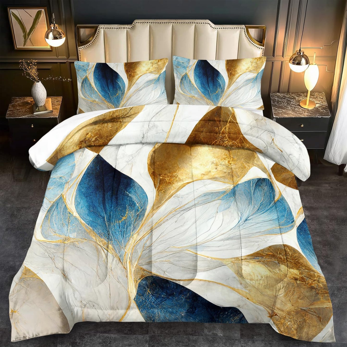 Vintage Floral Comforter Set Queen Size Women,Marble Flower Bedding Set Queen,Marble Blue Flower Bed Comforter,Blue and Gold Floral Quilt Bedroom Decor for Kids and Adults