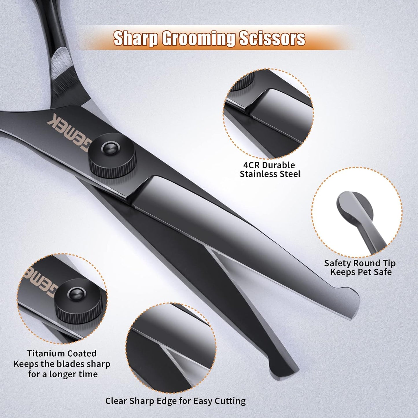 Dog Grooming Scissors Kit with Safety Round Tips, GEMEK Professional 6 in 1 Grooming Scissors for Dogs, Heavy Duty Titanium Coated Pet Grooming Scissor for Dogs, Cats and Other Animals (Black)