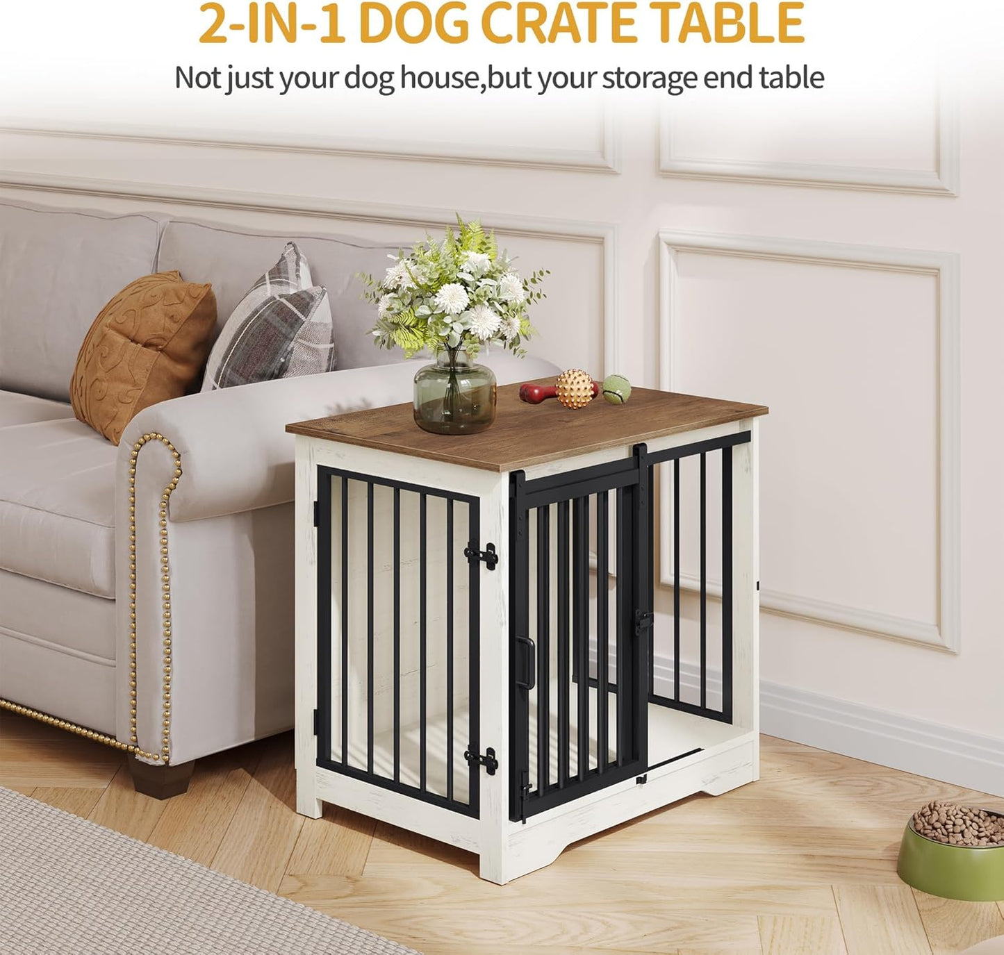 27.2" Dog Crate Furniture with Barn Door, Heavy Duty Dog Kennel Indoor with 2 Doors, Wooden Pet Cage End Table for Small Medium Dogs up to 22 lb, Anti-Chew Anti-Escape, White Brown DFC84314B