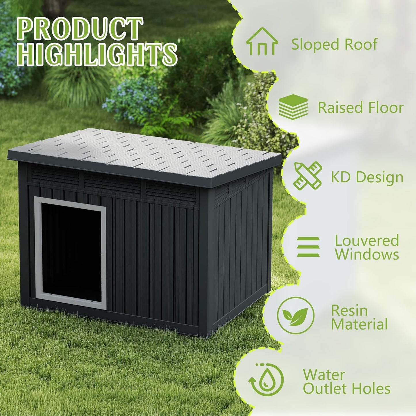 Dog House Indoor Outdoor,Resin Waterproof Puppy Shelter with Air Vents and Elevated Floor,Air Rod on Top to Open,Dog Kennel for Small to Large Dogs(Black,42.87 * 32.95 * 31.61)
