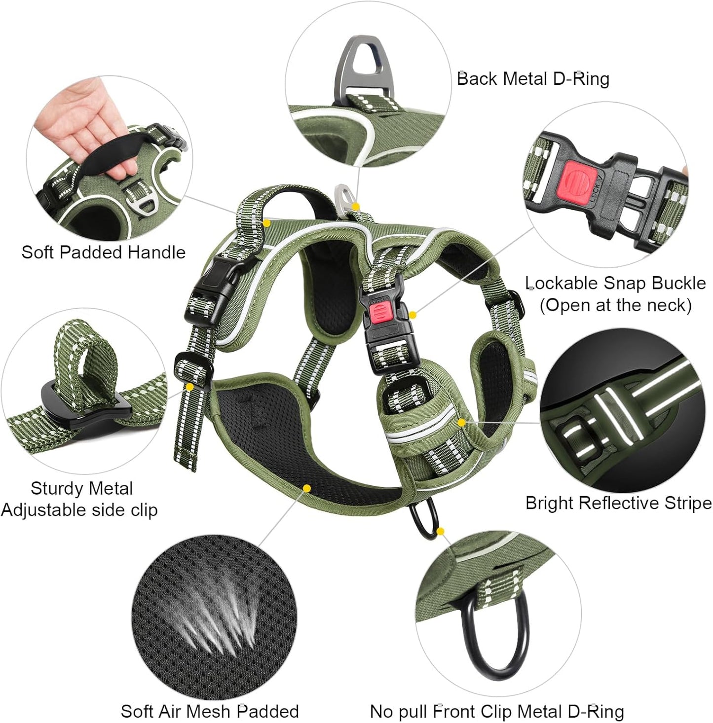 Timos Dog Harness Medium Sized, No Pull Pet Harness with Neck Lockable Snap,No Choke Front Clip Dog Reflective Vest,Adjustable Metal Rings 3 Buckles,Easy Control Handle for Medium Dogs Green M