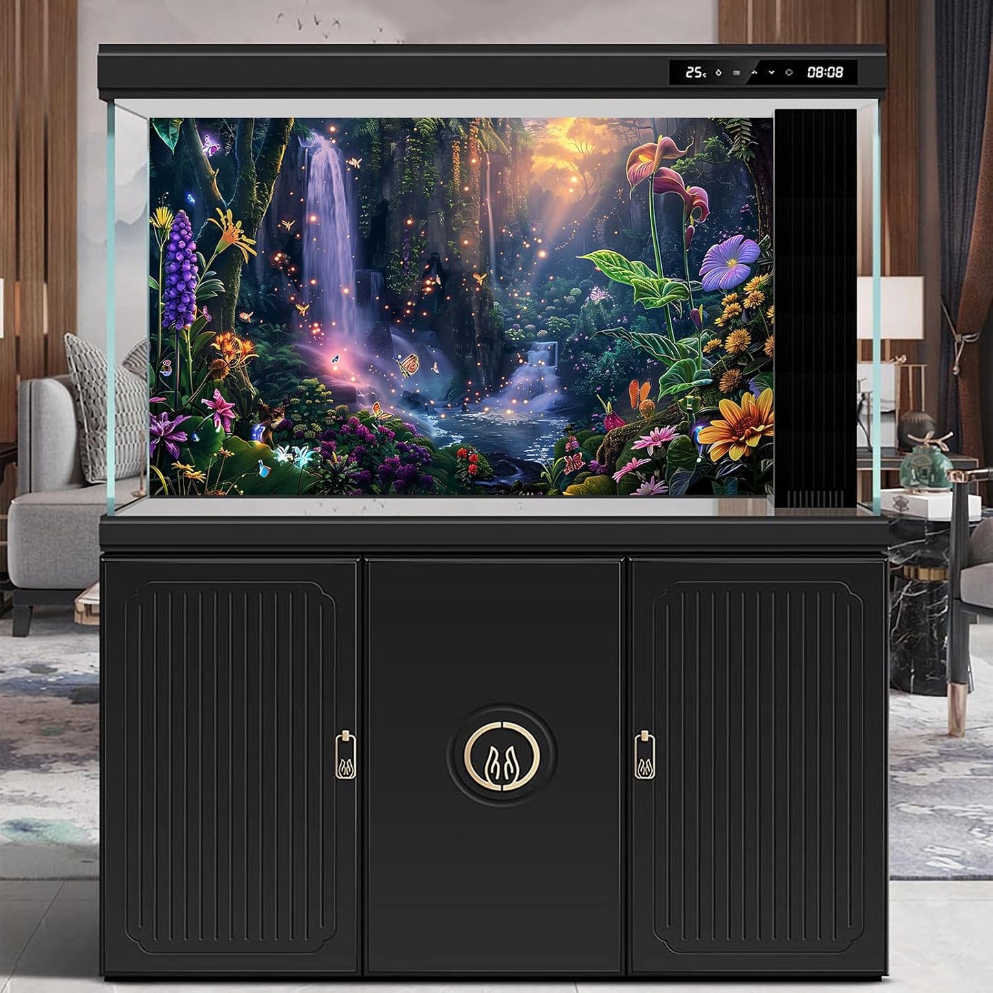 Fantasy Garden Aquarium Background Sunset Waterfall and Flowers Terrarium Backdrop Tropical Forest Lush Plant Magic Butterfly Lights Flowers Fish Tank Background Poster Decorations 36x18in