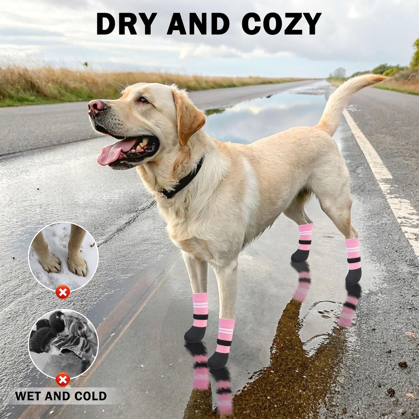 SCENEREAL Anti Slip Dog Boots & Paw Protectors for Hardwood Floor, Extended Dog Socks to Prevent Licking Paws, Waterproof Pet Snow Rain Shoe for Winter Large Senior Dogs, Pink L