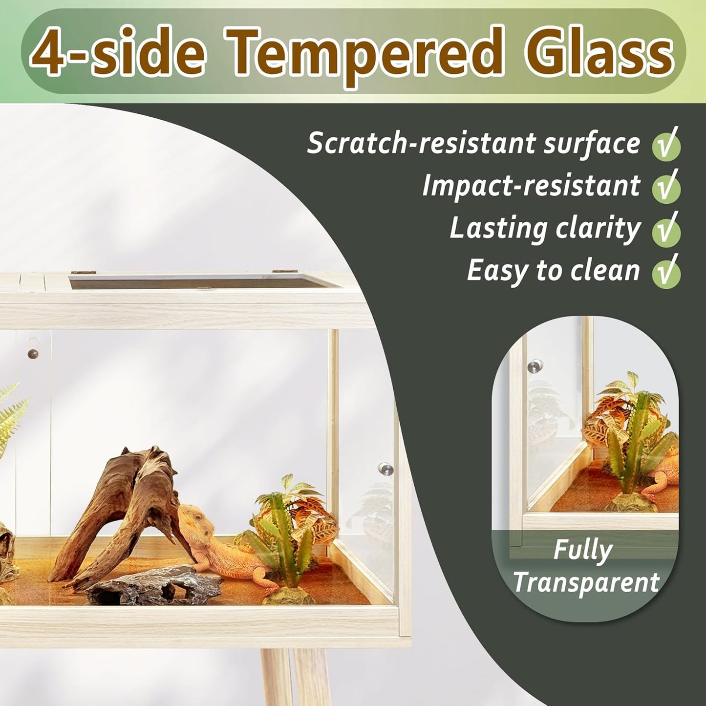 PROLEE Tempered Glass Reptile Enclosure with Leg,24“ Scratch-Proof Bearded Dragon Tank,28 Gallon Lizard Tank with Metal Mesh Tops and Lockable Door,Spacious Reptile Habitat for Snake,Lizard (Oak)