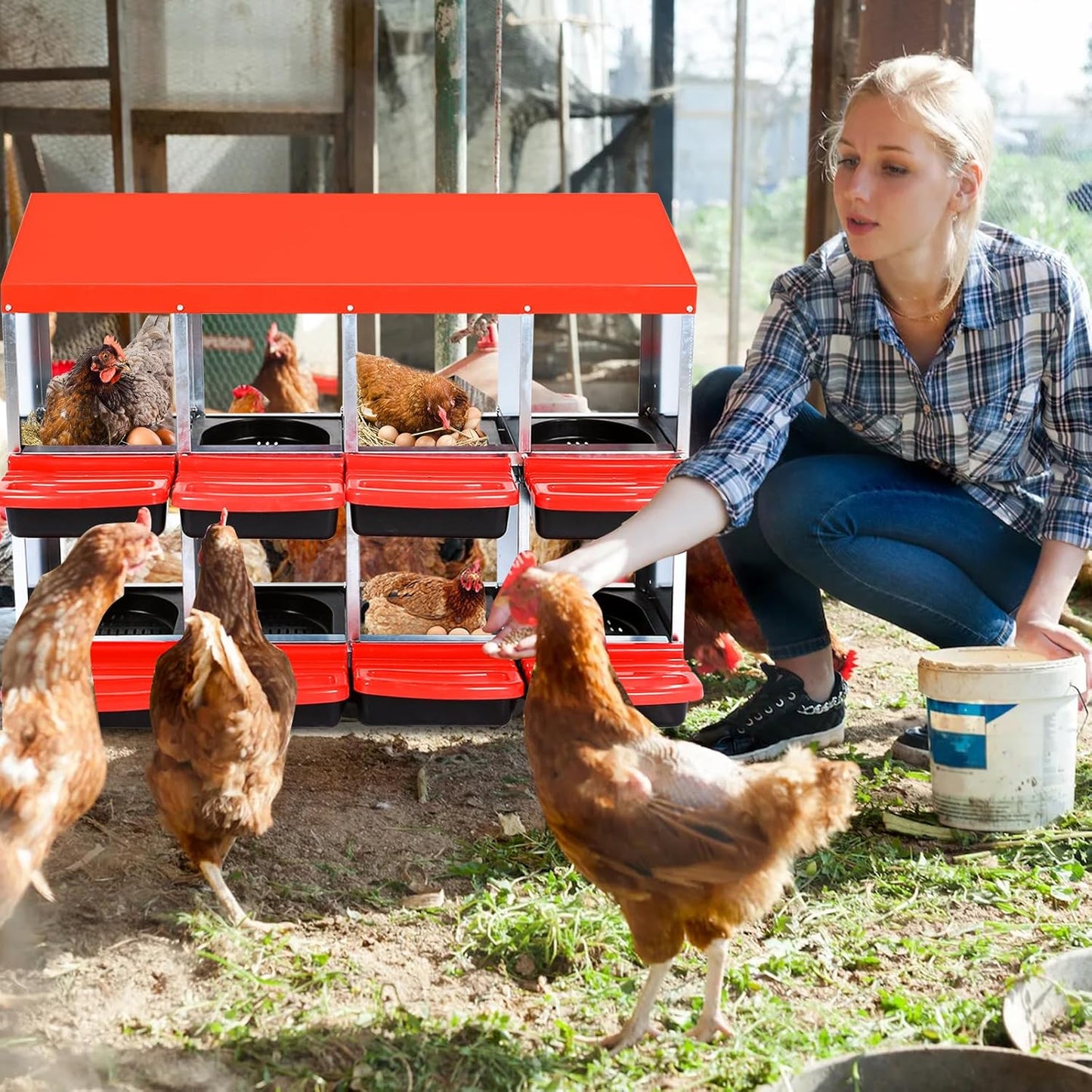 Nesting Boxes for Chickens, Chickens Laying Boxes for Chicken Coop, 8 Compartments Chicken Nesting Boxes, with Removable Tray, Easy Cleaning, for Hens Outdoor Chicken Coop Farm Yard, Red