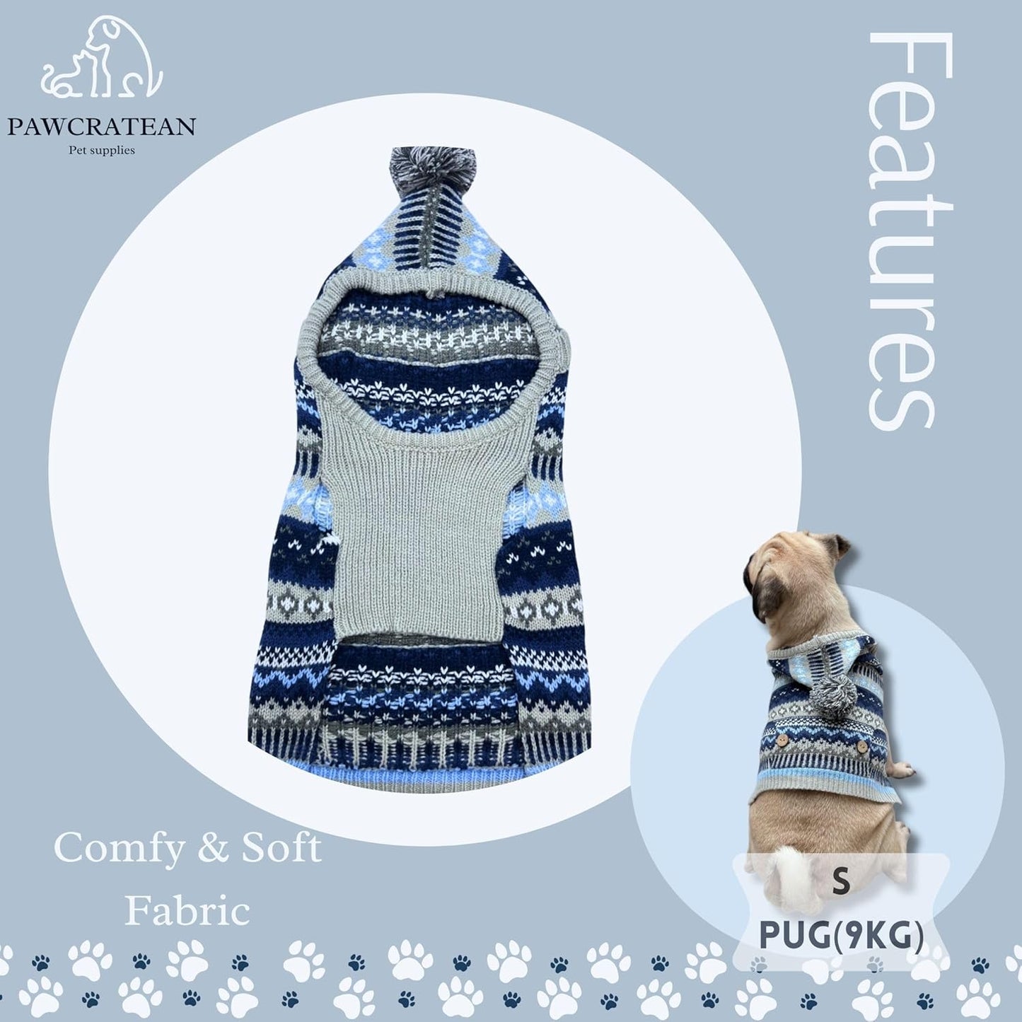 Cute Sweater for Dogs and Cats Soft Flannel Pet Outfit Warm and Cozy Animal Hoodie Small to Large Pet Clothes for Halloween Parties and Everyday Wear (X-Small, Blue Patten with Hat)