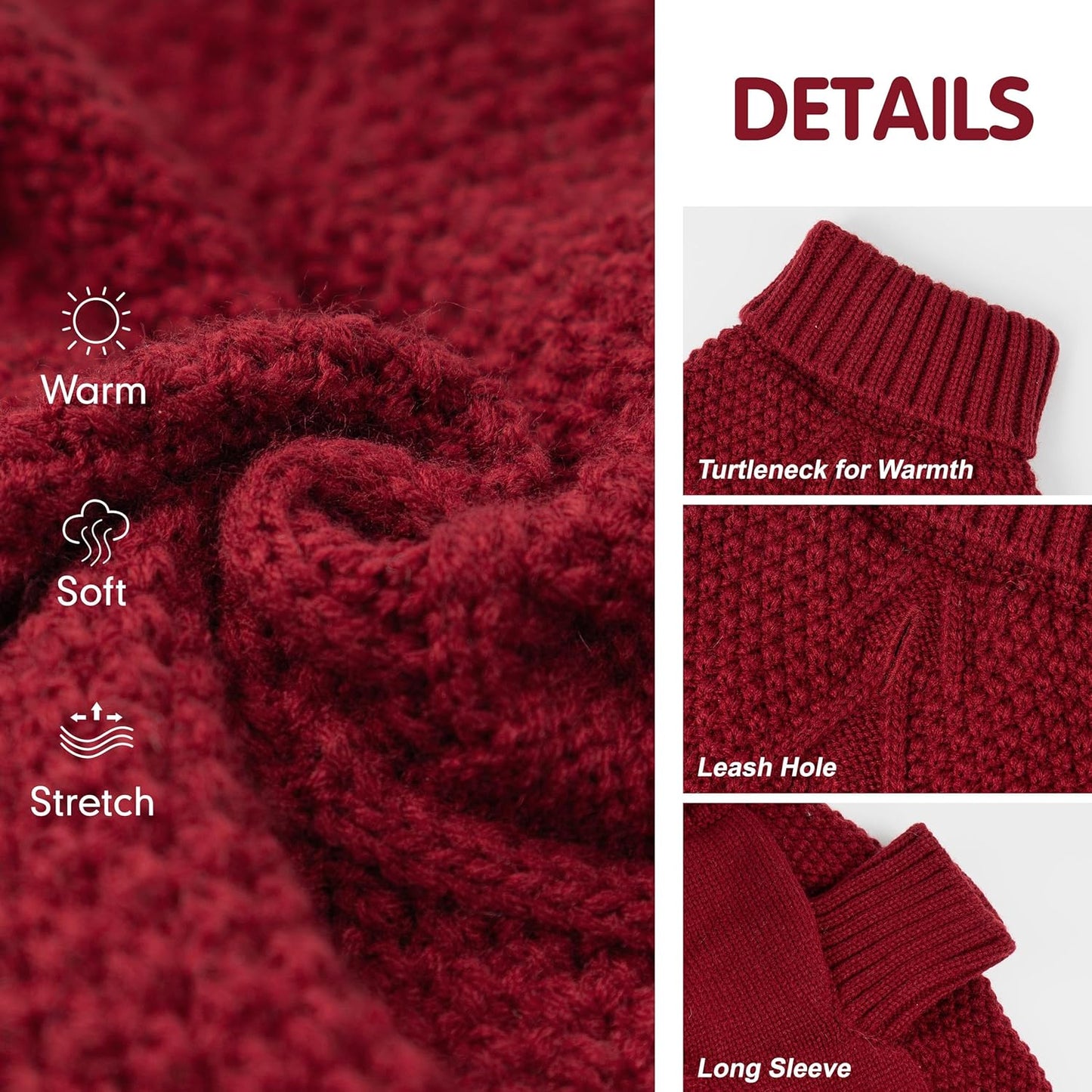 cyeollo Dog Sweater Knitwear with Leash Hole Turtleneck Pullover Sweaters Fall Winter Dog Clothes Sweaters for Large Dogs, Burgundy XXXL