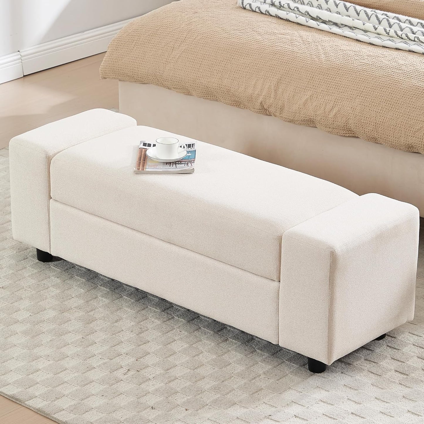 Beige Storage Bench for Entryway, 55" Bedroom Ottoman with Storage Large Linen Fabric Upholstered End of Bench with Lip for Living Room/Bedroom/Lounge/Shop, Beige