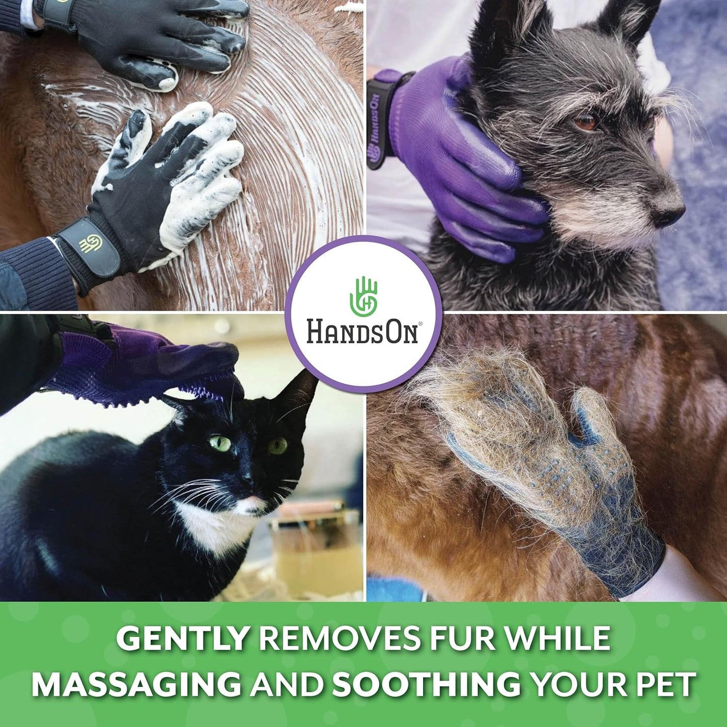 H HANDSON Pet Grooming Gloves - Patented #1 Ranked, Award Winning Shedding, Bathing, & Hair Remover Gloves - Gentle Brush for Cats, Dogs, and Horses (Mono Green, Small)