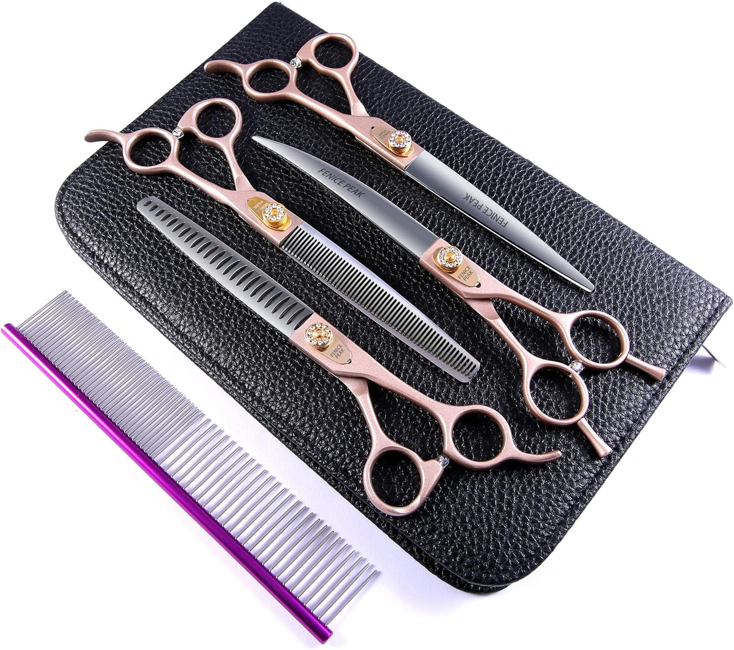 Fenice Peak 7‘’ Professional Dog Grooming Scissors Set Rose Gold 440C Stainless Steel Straight Thinning Curved Chunker Shears 4pcs Set for Pet Grooming Services Dogs and Cats