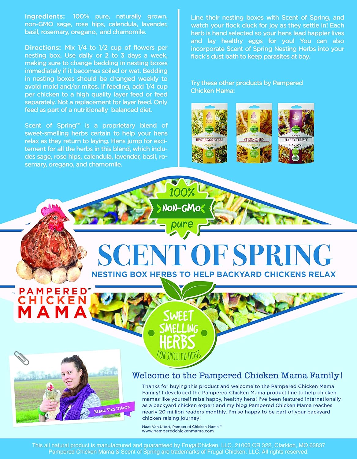 Nesting Herbs for Backyard Chickens 8 pounds - Scent of Spring - Keep Laying Hens Happy, Healthy and Relaxed