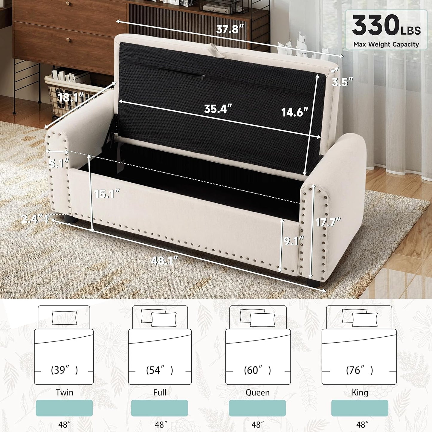 Ottoman with Storage, Tufted Storage Bench for Bedroom, 48" Fabrics End of Bed Bench, Upholstered Entryway Shoe Benches with Rolled Arm & Inner Zipper, Window Ottomans Chest with Rivets, Beige