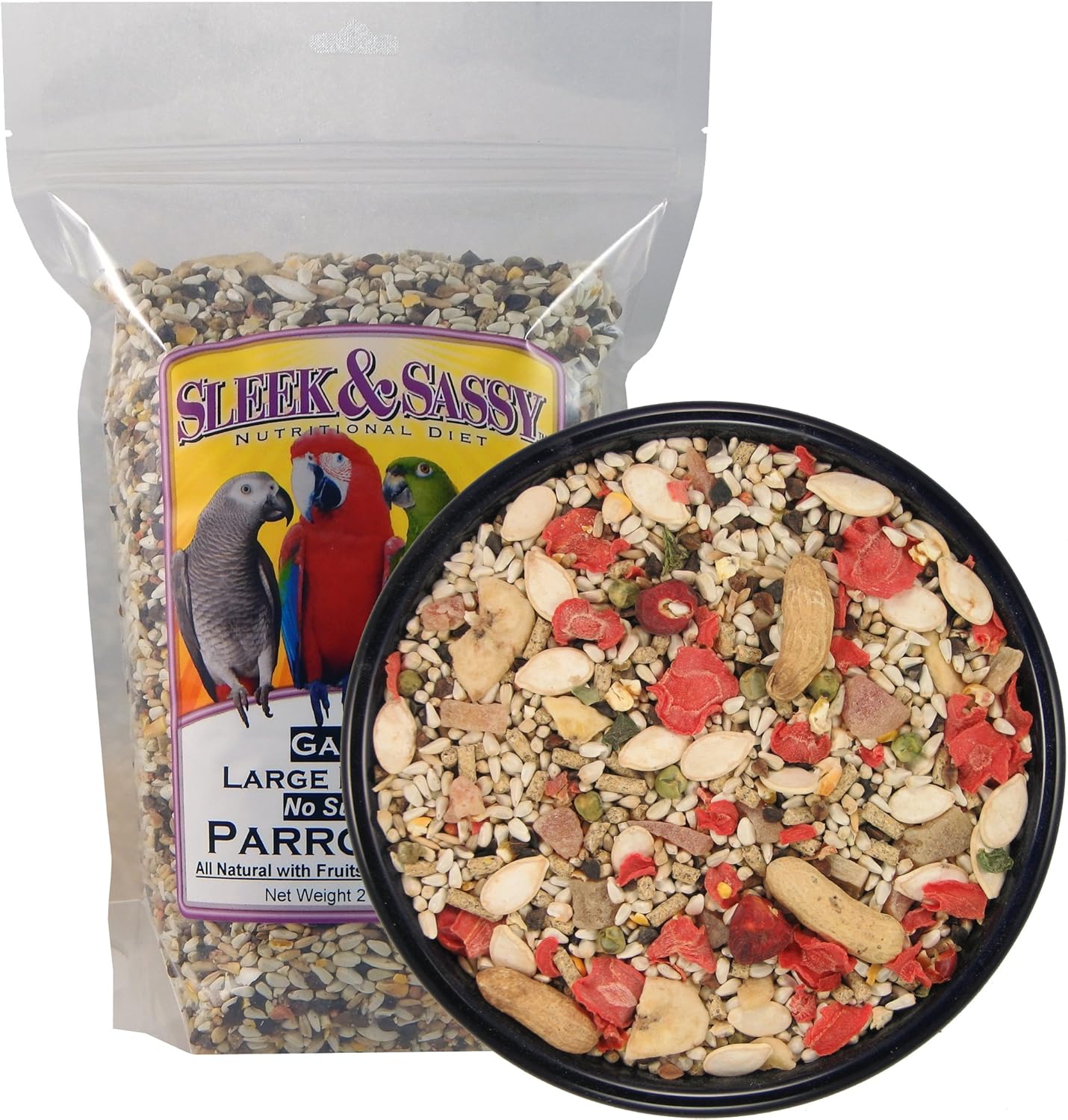 SLEEK & SASSY Garden Large Hookbill No Sunflower Parrot Food for Large Conures, Amazons, African Greys, Cockatoos, Pionus-Parrots & Small Macaws (2 lbs.)