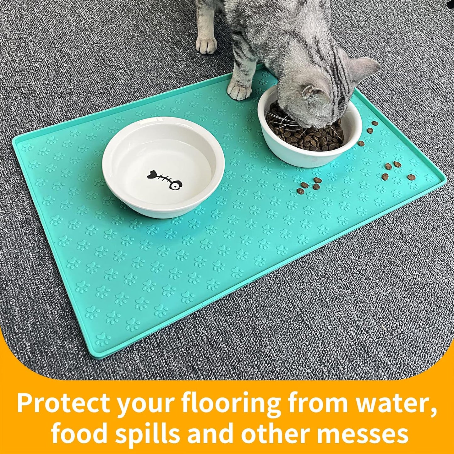 Ptlom Silicone Pet Placemat for Dog and Cat, Waterproof Non-Slip Pet Feeding Bowl Mats for Food and Water, Small Medium Large Dogs Mat Prevent Residues from Spilling to Floor, Green, 24.5" 16.5"