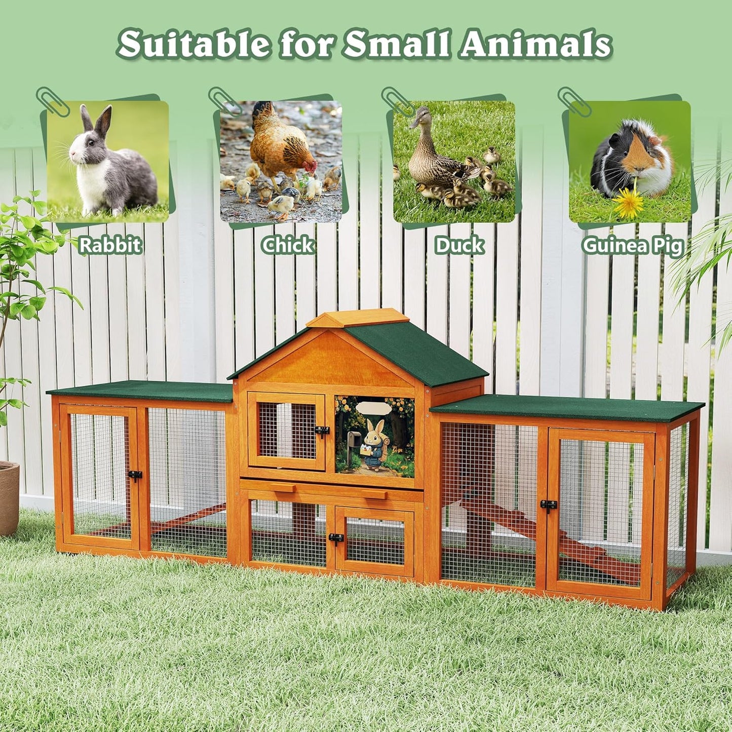 COZIWOW 82” Extra Large Fashion Wooden Outdoor Rabbit Hutch Bunny Cage Indoor Easy to Assemble and Durable with Cleaning Tray & Waterproof Roof for Small & Medium Bunny Rabbit Duck Chick (Orange)